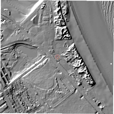 Shaded relief map of the ground around NE332LD, computed from Environment Agency LiDAR. The ground here sits at about 5 m above sea level and falls 29 m across the surrounding 800 m. Surface water reaching this point runs off ground lying to the south-south-west, 1.6 m higher.