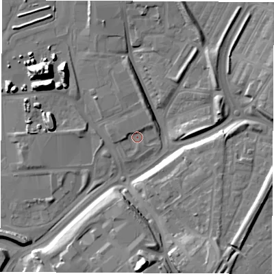Shaded relief map of the ground around NE335SP, computed from Environment Agency LiDAR. The ground here sits at about 4 m above sea level and falls 21 m across the surrounding 800 m. Surface water reaching this point runs off ground lying to the west, 2.0 m higher.