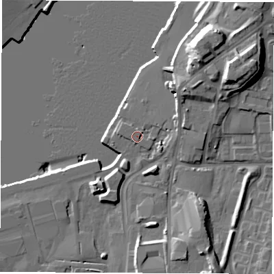 Shaded relief map of the ground around NE335SW, computed from Environment Agency LiDAR. The ground here sits at about 5 m above sea level and falls 23 m across the surrounding 800 m. Surface water reaching this point runs off ground lying to the east, 1.5 m higher.