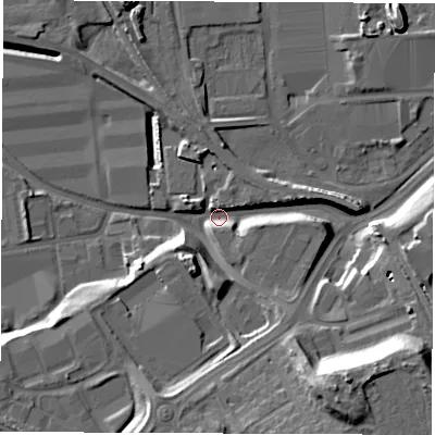 Shaded relief map of the ground around NE349PP, computed from Environment Agency LiDAR. The ground here sits at about 4 m above sea level and falls 24 m across the surrounding 800 m. Surface water reaching this point runs off ground lying to the south-east, 24.1 m higher.