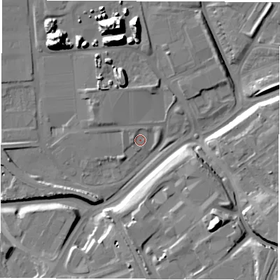 Shaded relief map of the ground around NE349PT, computed from Environment Agency LiDAR. The ground here sits at about 5 m above sea level and falls 21 m across the surrounding 800 m. Surface water reaching this point runs off ground lying to the west-north-west, 1.4 m higher.