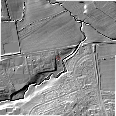 Shaded relief map of the ground around NE359EB, computed from Environment Agency LiDAR. The ground here sits at about 22 m above sea level and falls 20 m across the surrounding 800 m. Surface water reaching this point runs off ground lying to the west-south-west, 5.8 m higher.