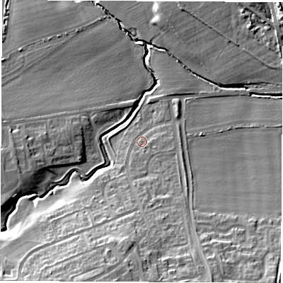 Shaded relief map of the ground around NE359EE, computed from Environment Agency LiDAR. The ground here sits at about 23 m above sea level and falls 20 m across the surrounding 800 m. Surface water reaching this point runs off ground lying to the south, 6.0 m higher.