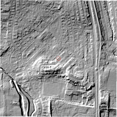 Shaded relief map of the ground around NE35AB, computed from Environment Agency LiDAR. The ground here sits at about 52 m above sea level and falls 13 m across the surrounding 800 m. Surface water reaching this point runs off ground lying to the north, 7.8 m higher.