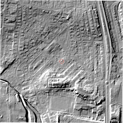 Shaded relief map of the ground around NE35AE, computed from Environment Agency LiDAR. The ground here sits at about 51 m above sea level and falls 14 m across the surrounding 800 m. Surface water reaching this point runs off ground lying to the north-north-west, 3.1 m higher.
