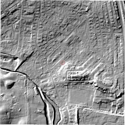 Shaded relief map of the ground around NE35AJ, computed from Environment Agency LiDAR. The ground here sits at about 50 m above sea level and falls 13 m across the surrounding 800 m. Surface water reaching this point runs off ground lying to the north-north-east, 8.7 m higher.