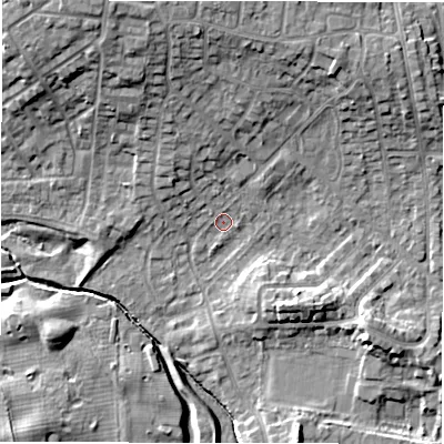 Shaded relief map of the ground around NE35AL, computed from Environment Agency LiDAR. The ground here sits at about 51 m above sea level and falls 14 m across the surrounding 800 m. Surface water reaching this point runs off ground lying to the north-north-west, 11.0 m higher.