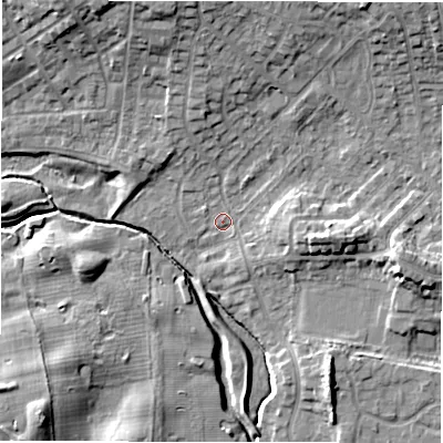 Shaded relief map of the ground around NE35AN, computed from Environment Agency LiDAR. The ground here sits at about 50 m above sea level and falls 12 m across the surrounding 800 m. Surface water reaching this point runs off ground lying to the north, 9.0 m higher.