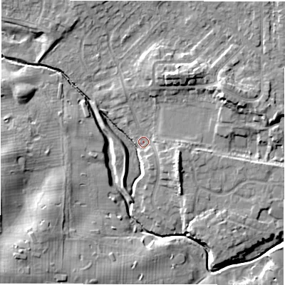 Shaded relief map of the ground around NE35AP, computed from Environment Agency LiDAR. The ground here sits at about 50 m above sea level and falls 10 m across the surrounding 800 m. Surface water reaching this point runs off ground lying to the east-north-east, 8.8 m higher.