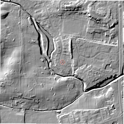 Shaded relief map of the ground around NE35AQ, computed from Environment Agency LiDAR. The ground here sits at about 50 m above sea level and falls 10 m across the surrounding 800 m. Surface water reaching this point runs off ground lying to the north-north-east, 4.9 m higher.
