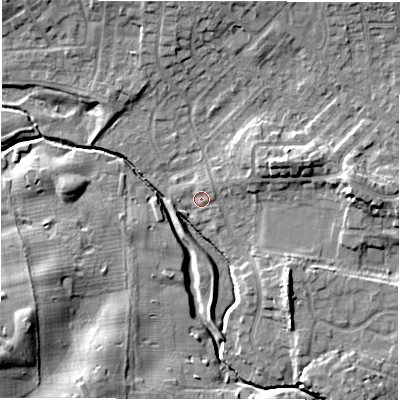 Shaded relief map of the ground around NE35AR, computed from Environment Agency LiDAR. The ground here sits at about 50 m above sea level and falls 12 m across the surrounding 800 m. Surface water reaching this point runs off ground lying to the north-east, 1.9 m higher.