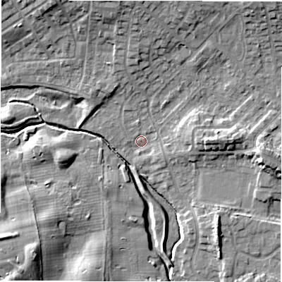 Shaded relief map of the ground around NE35AS, computed from Environment Agency LiDAR. The ground here sits at about 50 m above sea level and falls 11 m across the surrounding 800 m. Surface water reaching this point runs off ground lying to the east-south-east, 2.9 m higher.