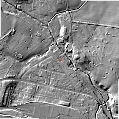 Shaded relief map of the ground around NE35DB, computed from Environment Agency LiDAR. The ground here sits at about 47 m above sea level and falls 16 m across the surrounding 800 m. Surface water reaching this point runs off ground lying to the south, 3.2 m higher.