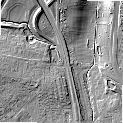 Shaded relief map of the ground around NE35ED, computed from Environment Agency LiDAR. The ground here sits at about 55 m above sea level and falls 18 m across the surrounding 800 m. Surface water reaching this point runs off ground lying to the north-north-west, 12.5 m higher.