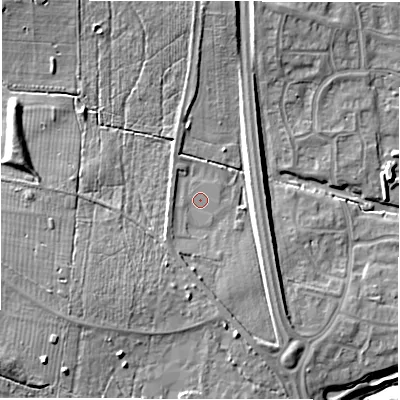 Shaded relief map of the ground around NE35EP, computed from Environment Agency LiDAR. The ground here sits at about 61 m above sea level and falls 11 m across the surrounding 800 m. Surface water reaching this point runs off ground lying to the east, 4.5 m higher.