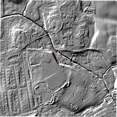 Shaded relief map of the ground around NE35ER, computed from Environment Agency LiDAR. The ground here sits at about 47 m above sea level and falls 12 m across the surrounding 800 m. Surface water reaching this point runs off ground lying to the south-west, 4.1 m higher.