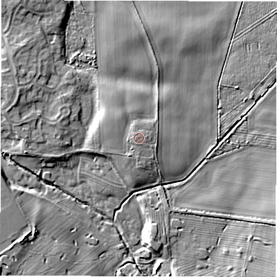 Shaded relief map of the ground around NE35EU, computed from Environment Agency LiDAR. The ground here sits at about 50 m above sea level and falls 8 m across the surrounding 800 m. The ground contributing surface water to this point lies to the east.