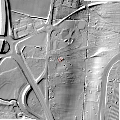 Shaded relief map of the ground around NE35HT, computed from Environment Agency LiDAR. The ground here sits at about 63 m above sea level and falls 23 m across the surrounding 800 m. Surface water reaching this point runs off ground lying to the west-north-west, 3.6 m higher.