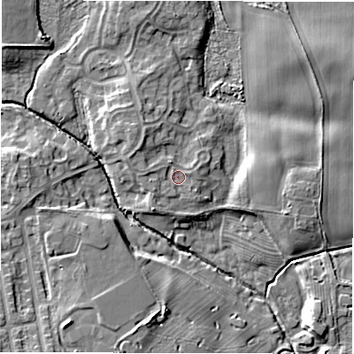 Shaded relief map of the ground around NE35JA, computed from Environment Agency LiDAR. The ground here sits at about 49 m above sea level and falls 9 m across the surrounding 800 m. Surface water reaching this point runs off ground lying to the west, 1.5 m higher.