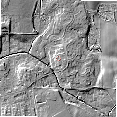 Shaded relief map of the ground around NE35JB, computed from Environment Agency LiDAR. The ground here sits at about 50 m above sea level and falls 11 m across the surrounding 800 m. Surface water reaching this point runs off ground lying to the east-south-east, 1.1 m higher.