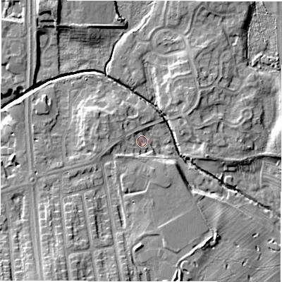 Shaded relief map of the ground around NE35JW, computed from Environment Agency LiDAR. The ground here sits at about 49 m above sea level and falls 12 m across the surrounding 800 m. Surface water reaching this point runs off ground lying to the west, 3.8 m higher.