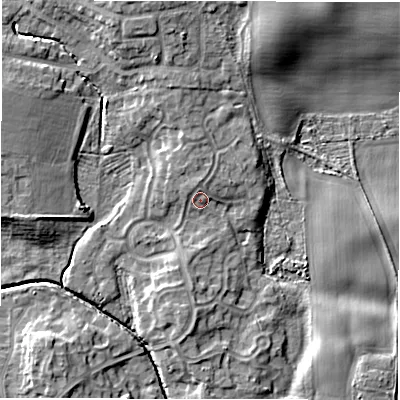 Shaded relief map of the ground around NE35LL, computed from Environment Agency LiDAR. The ground here sits at about 50 m above sea level and falls 9 m across the surrounding 800 m. Surface water reaching this point runs off ground lying to the north, 1.3 m higher.