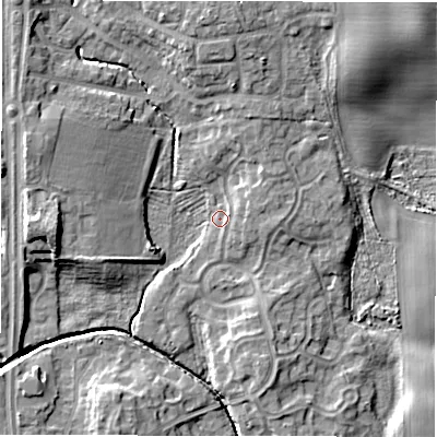 Shaded relief map of the ground around NE35LS, computed from Environment Agency LiDAR. The ground here sits at about 48 m above sea level and falls 10 m across the surrounding 800 m. Surface water reaching this point runs off ground lying to the north-north-east, 3.2 m higher.