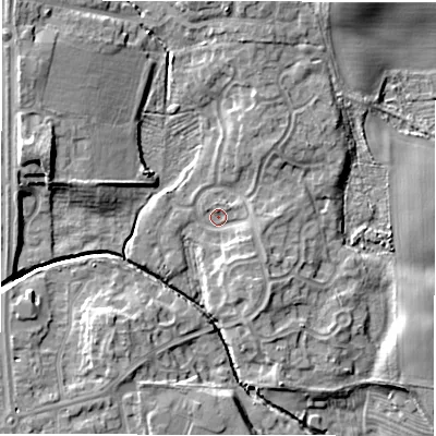 Shaded relief map of the ground around NE35LU, computed from Environment Agency LiDAR. The ground here sits at about 48 m above sea level and falls 11 m across the surrounding 800 m. Surface water reaching this point runs off ground lying to the south-south-east, 3.0 m higher.