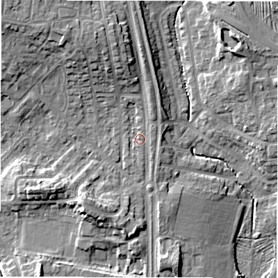 Shaded relief map of the ground around NE35LX, computed from Environment Agency LiDAR. The ground here sits at about 53 m above sea level and falls 13 m across the surrounding 800 m. Surface water reaching this point runs off ground lying to the north-north-west, 5.2 m higher.