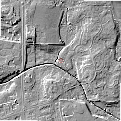 Shaded relief map of the ground around NE35LZ, computed from Environment Agency LiDAR. The ground here sits at about 48 m above sea level and falls 11 m across the surrounding 800 m. Surface water reaching this point runs off ground lying to the north-west, 8.9 m higher.