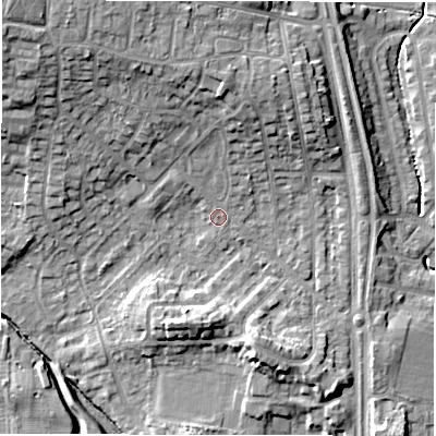 Shaded relief map of the ground around NE35NJ, computed from Environment Agency LiDAR. The ground here sits at about 52 m above sea level and falls 15 m across the surrounding 800 m. Surface water reaching this point runs off ground lying to the north, 6.6 m higher.