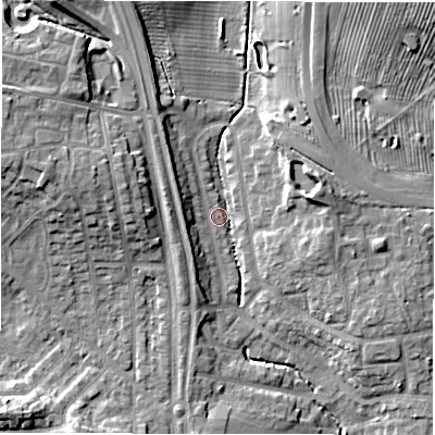 Shaded relief map of the ground around NE35TB, computed from Environment Agency LiDAR. The ground here sits at about 51 m above sea level and falls 12 m across the surrounding 800 m. Surface water reaching this point runs off ground lying to the east-north-east, 6.8 m higher.