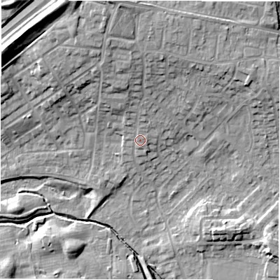 Shaded relief map of the ground around NE35TR, computed from Environment Agency LiDAR. The ground here sits at about 54 m above sea level and falls 18 m across the surrounding 800 m. Surface water reaching this point runs off ground lying to the north-north-west, 8.4 m higher.