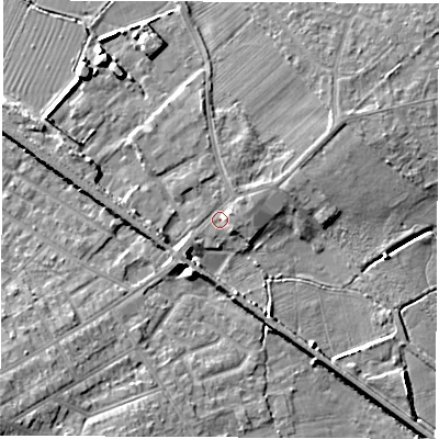 Shaded relief map of the ground around NE360AB, computed from Environment Agency LiDAR. The ground here sits at about 22 m above sea level and falls 11 m across the surrounding 800 m. Surface water reaching this point runs off ground lying to the south-west, 2.3 m higher.