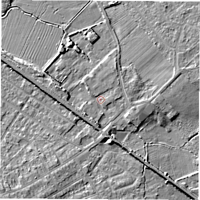 Shaded relief map of the ground around NE360AH, computed from Environment Agency LiDAR. The ground here sits at about 22 m above sea level and falls 12 m across the surrounding 800 m. Surface water reaching this point runs off ground lying to the south, 3.0 m higher.