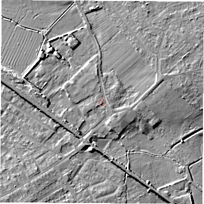 Shaded relief map of the ground around NE360AJ, computed from Environment Agency LiDAR. The ground here sits at about 23 m above sea level and falls 10 m across the surrounding 800 m. Surface water reaching this point runs off ground lying to the north, 1.1 m higher.