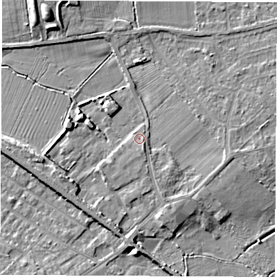 Shaded relief map of the ground around NE360AL, computed from Environment Agency LiDAR. The ground here sits at about 23 m above sea level and falls 7 m across the surrounding 800 m. Surface water reaching this point runs off ground lying to the south-south-east, 1.1 m higher.