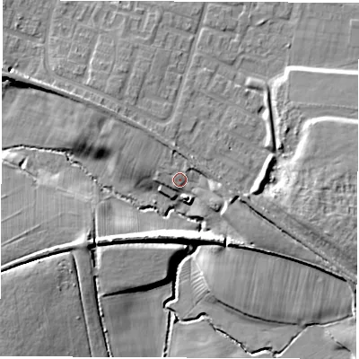 Shaded relief map of the ground around NE360BL, computed from Environment Agency LiDAR. The ground here sits at about 24 m above sea level and falls 13 m across the surrounding 800 m. Surface water reaching this point runs off ground lying to the north, 3.0 m higher.