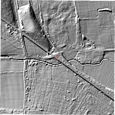 Shaded relief map of the ground around NE360BN, computed from Environment Agency LiDAR. The ground here sits at about 23 m above sea level and falls 11 m across the surrounding 800 m. Surface water reaching this point runs off ground lying to the south-east, 1.1 m higher.
