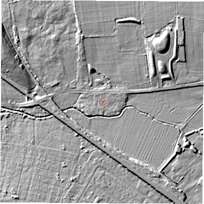 Shaded relief map of the ground around NE360BP, computed from Environment Agency LiDAR. The ground here sits at about 21 m above sea level and falls 10 m across the surrounding 800 m. Surface water reaching this point runs off ground lying to the west-north-west, 9.1 m higher.