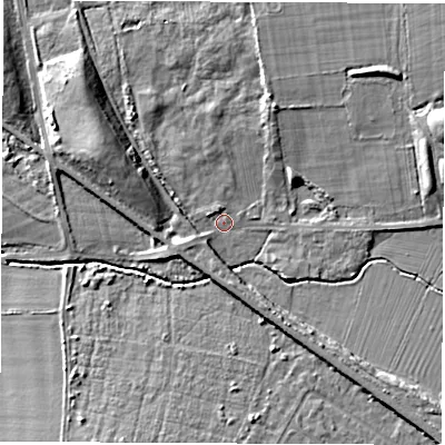 Shaded relief map of the ground around NE360BW, computed from Environment Agency LiDAR. The ground here sits at about 21 m above sea level and falls 9 m across the surrounding 800 m. Surface water reaching this point runs off ground lying to the west-north-west, 7.7 m higher.