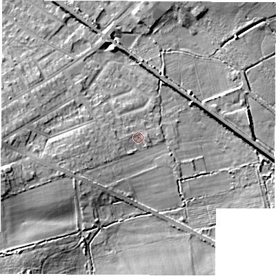 Shaded relief map of the ground around NE360LY, computed from Environment Agency LiDAR. The ground here sits at about 22 m above sea level and falls 11 m across the surrounding 800 m. Surface water reaching this point runs off ground lying to the west, 1.6 m higher.