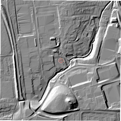 Shaded relief map of the ground around NE373HL, computed from Environment Agency LiDAR. The ground here sits at about 50 m above sea level and falls 25 m across the surrounding 800 m. Surface water reaching this point runs off ground lying to the west, 4.0 m higher.