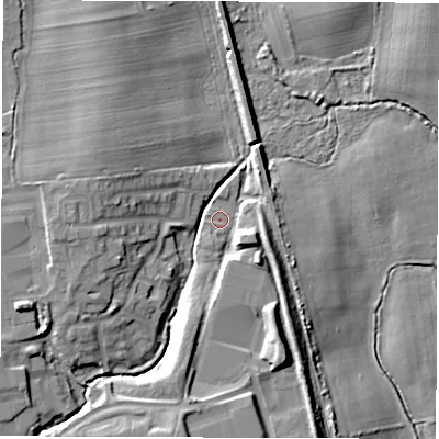 Shaded relief map of the ground around NE373LN, computed from Environment Agency LiDAR. The ground here sits at about 45 m above sea level and falls 14 m across the surrounding 800 m. Surface water reaching this point runs off ground lying to the south-south-east, 9.1 m higher.