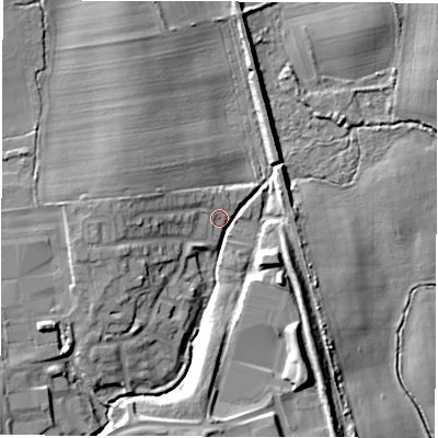 Shaded relief map of the ground around NE373LW, computed from Environment Agency LiDAR. The ground here sits at about 46 m above sea level and falls 14 m across the surrounding 800 m. Surface water reaching this point runs off ground lying to the west-south-west, 10.7 m higher.