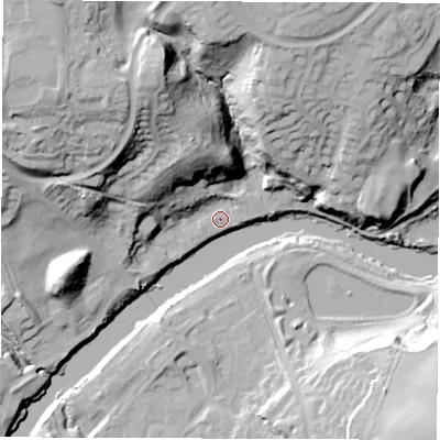 Shaded relief map of the ground around NE388AH, computed from Environment Agency LiDAR. The ground here sits at about 5 m above sea level and falls 41 m across the surrounding 800 m. Surface water reaching this point runs off ground lying to the north-north-west, 4.9 m higher.