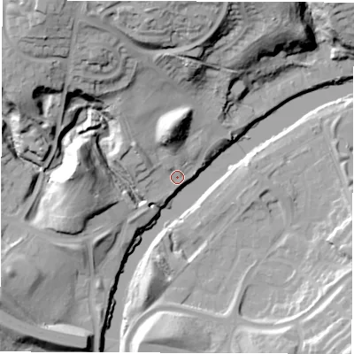 Shaded relief map of the ground around NE388AJ, computed from Environment Agency LiDAR. The ground here sits at about 6 m above sea level and falls 36 m across the surrounding 800 m. Surface water reaching this point runs off ground lying to the north-west, 34.4 m higher.
