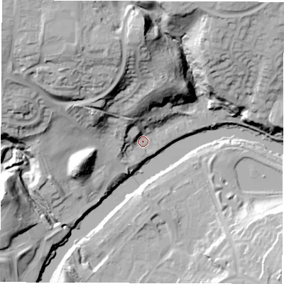 Shaded relief map of the ground around NE388AS, computed from Environment Agency LiDAR. The ground here sits at about 5 m above sea level and falls 40 m across the surrounding 800 m. Surface water reaching this point runs off ground lying to the north-west, 12.7 m higher.