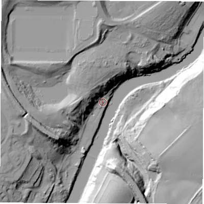 Shaded relief map of the ground around NE388LQ, computed from Environment Agency LiDAR. The ground here sits at about 6 m above sea level and falls 41 m across the surrounding 800 m. Surface water reaching this point runs off ground lying to the north-north-west, 23.0 m higher.