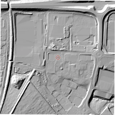 Shaded relief map of the ground around NE388QH, computed from Environment Agency LiDAR. The ground here sits at about 34 m above sea level and falls 30 m across the surrounding 800 m. Surface water reaching this point runs off ground lying to the north-east, 9.2 m higher.
